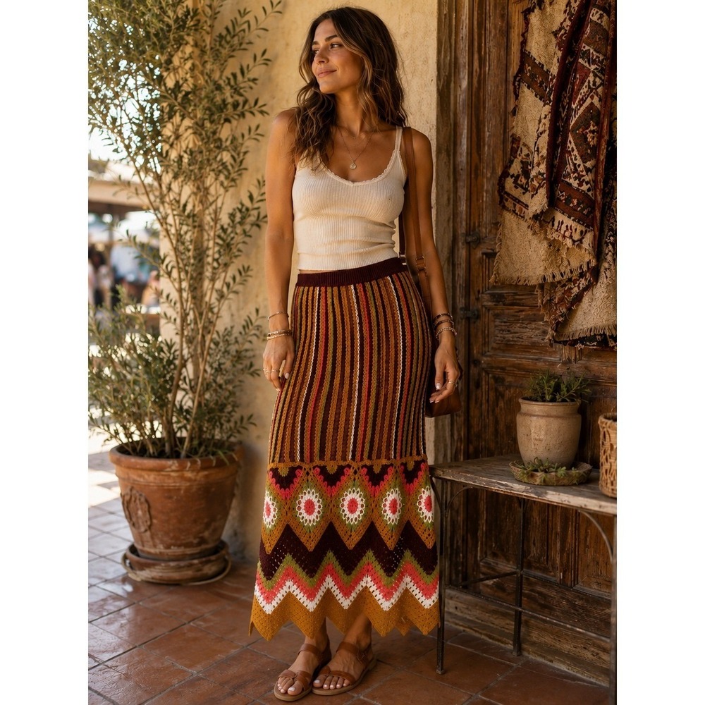 Crochet Boho Festival Inspired Lined Knit Chevron Hem Maxi Skirt XS